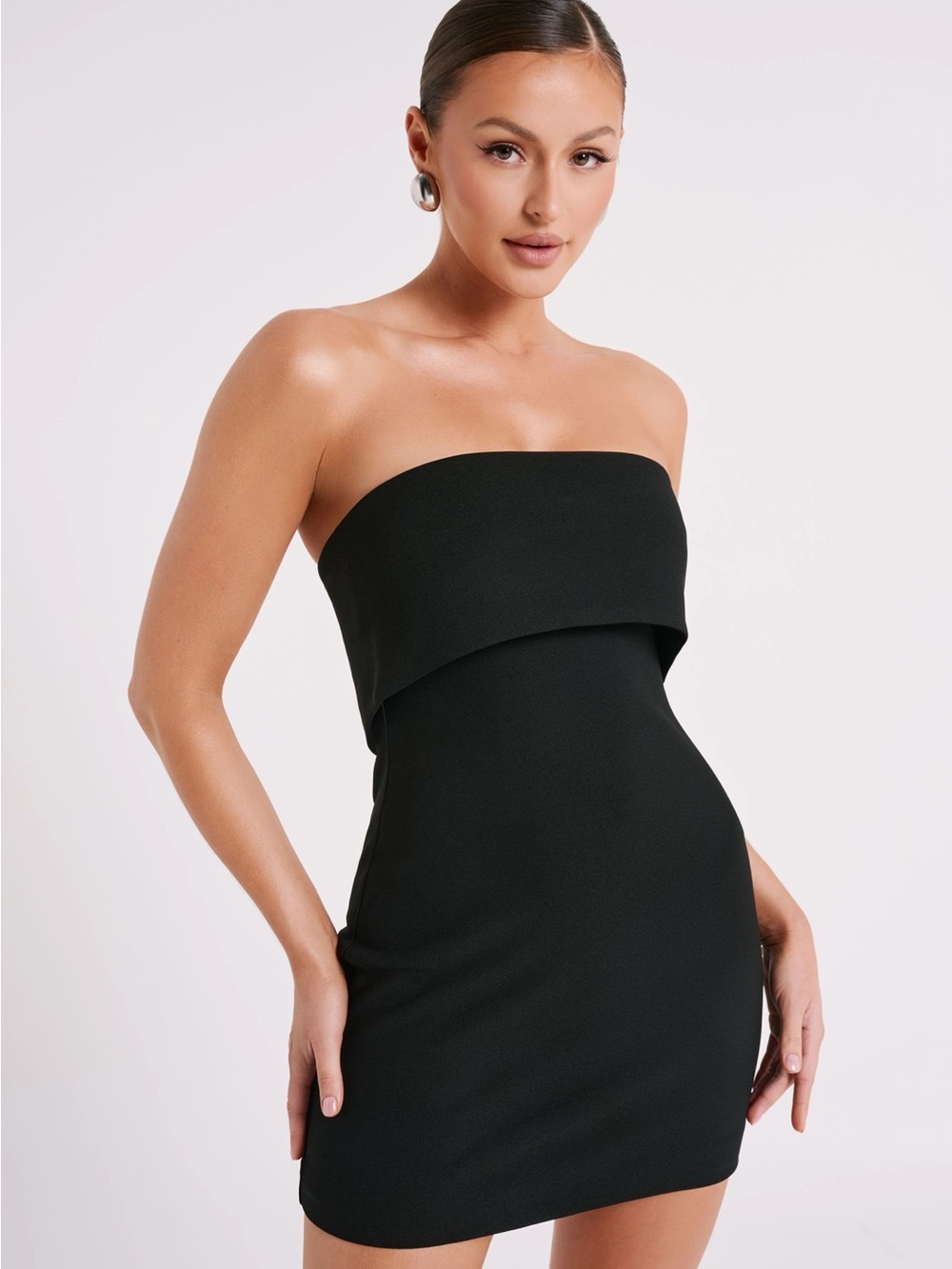 Meshki Black Strapless Fold-Over Bodycon Mini Dress